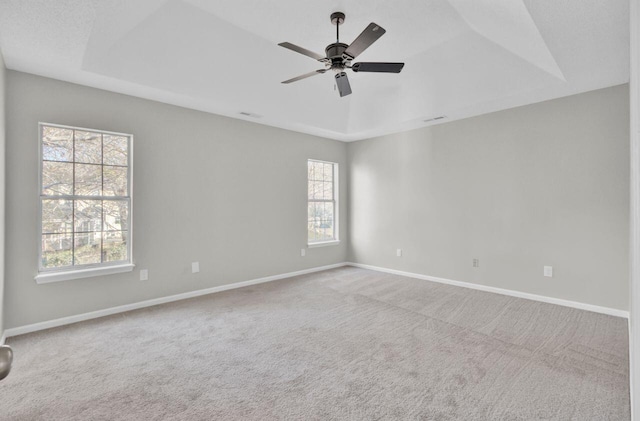 carpeted empty room with a tray ceiling and plenty of natural light