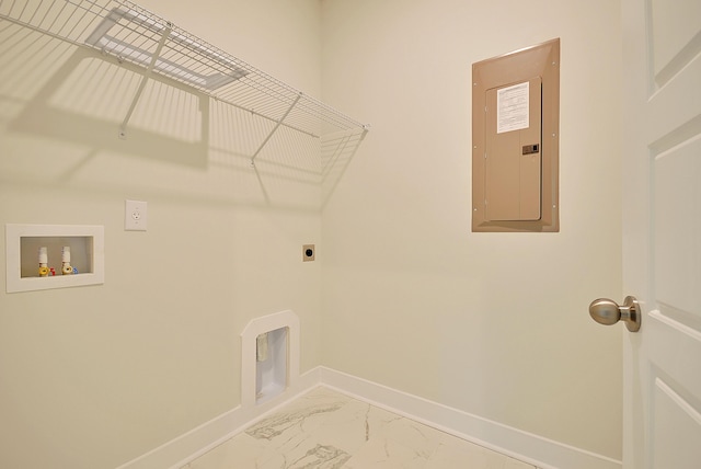laundry room featuring laundry area, marble finish floor, baseboards, electric panel, and electric dryer hookup