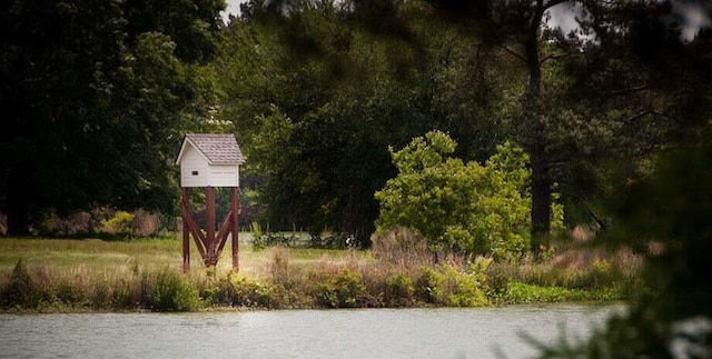 exterior space with a view of trees and a water view