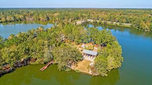 drone / aerial view with a forest view and a water view