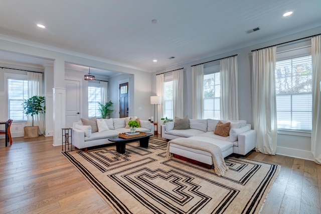 living room with ornamental molding, a healthy amount of sunlight, and light wood-type flooring