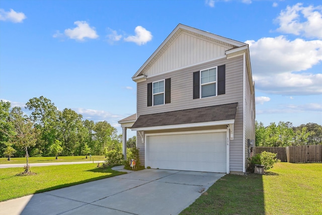 view of front facade with driveway, fence, a garage, board and batten siding, and a front yard