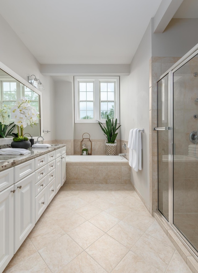 1532 Sea Palms Cres, Mount Pleasant, SC 29464 - bathroom featuring double vanity, a bath, a shower stall, and tile patterned flooring