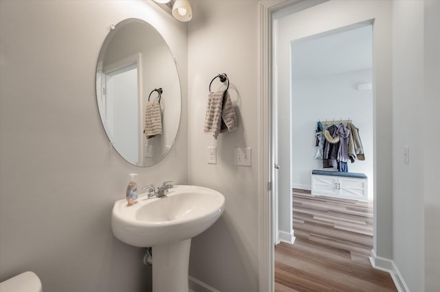 bathroom with hardwood / wood-style floors