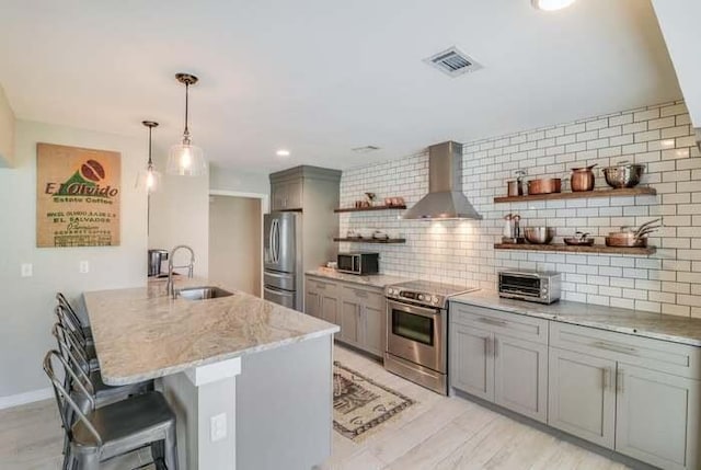 kitchen featuring appliances with stainless steel finishes, wall chimney exhaust hood, open shelves, a sink, and gray cabinetry