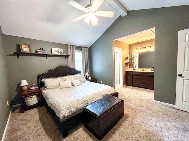 bedroom with light colored carpet, baseboards, ensuite bathroom, and ceiling fan
