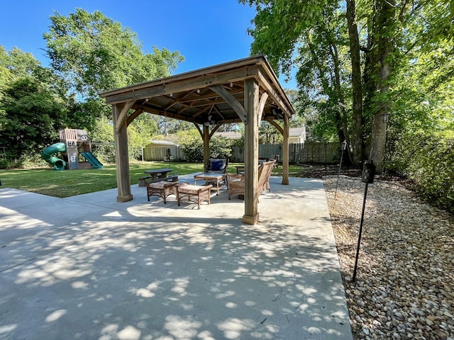 view of property's community with a gazebo, a playground, a patio, and outdoor lounge area