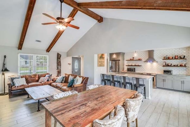 dining area featuring light wood-style flooring, beamed ceiling, high vaulted ceiling, and ceiling fan