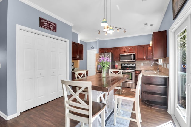 kitchen featuring dark wood finished floors, ornamental molding, appliances with stainless steel finishes, a sink, and backsplash