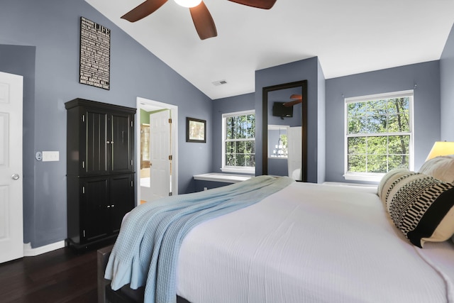 1255 Horseshoe Bnd, Mount Pleasant, SC 29464 - bedroom with vaulted ceiling, dark wood finished floors, ensuite bathroom, visible vents, and ceiling fan