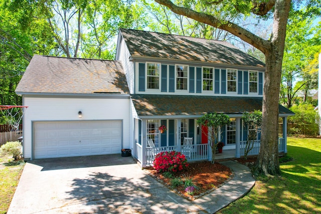 colonial inspired home featuring a front lawn, covered porch, a garage, and concrete driveway