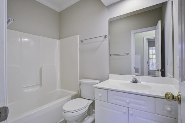 full bathroom featuring shower / bath combination, vanity, toilet, and ornamental molding