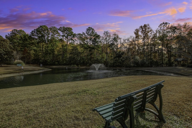 surrounding community with a water view and a yard