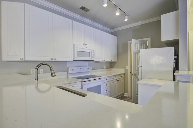 kitchen featuring white appliances, white cabinets, sink, crown molding, and light stone countertops