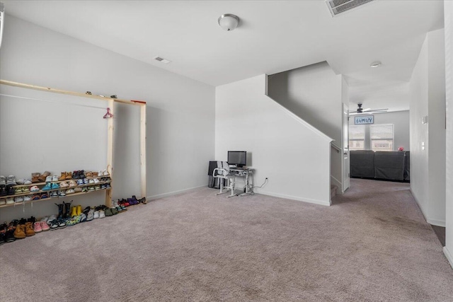 rec room featuring a ceiling fan, visible vents, carpet floors, and baseboards