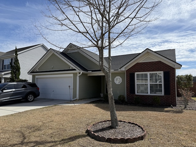 single story home featuring a garage, concrete driveway, and brick siding