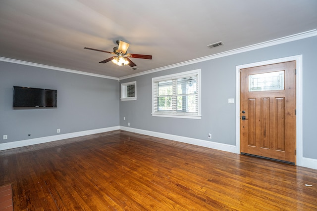 entrance foyer with crown molding, dark hardwood / wood-style floors, and ceiling fan