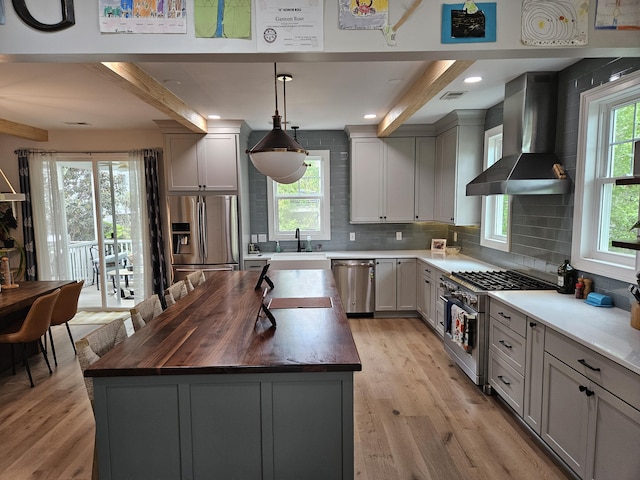 1495 Keshi Pearl Dr, Mount Pleasant, SC 29466 - kitchen with wall chimney range hood, appliances with stainless steel finishes, wood counters, a sink, and light wood finished floors
