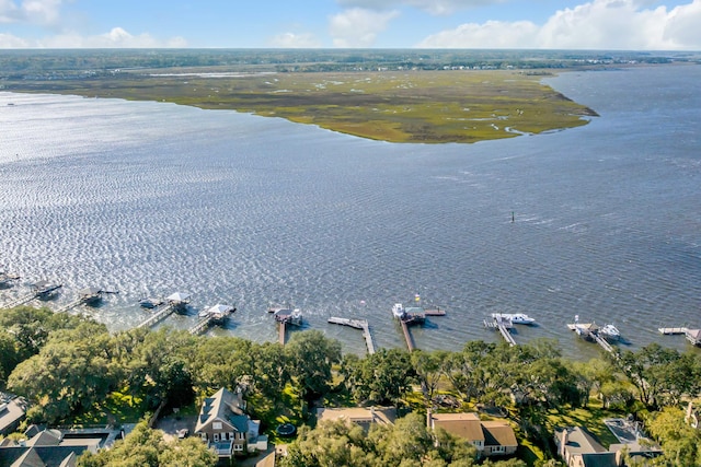 drone / aerial view with a water view