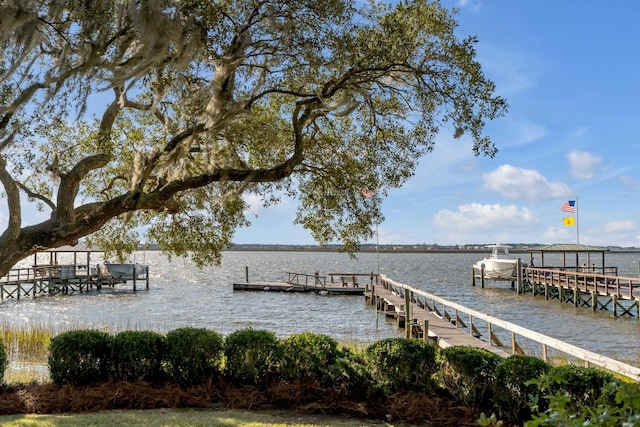 view of dock with a water view