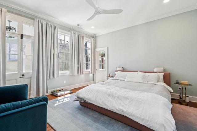 11 Franklin St, Charleston, SC 29401 - bedroom featuring ornamental molding, baseboards, wood finished floors, recessed lighting, and ceiling fan