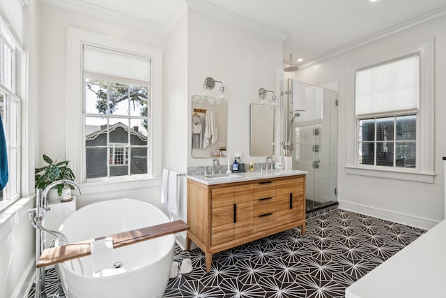 11 Franklin St, Charleston, SC 29401 - bathroom featuring a stall shower, a freestanding bath, ornamental molding, and double vanity