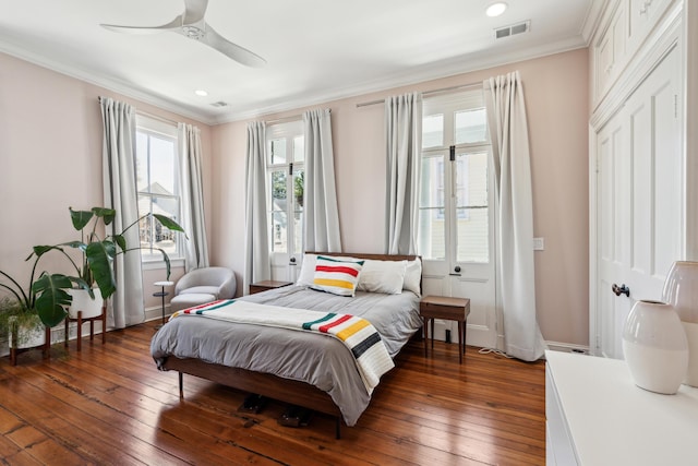 11 Franklin St, Charleston, SC 29401 - bedroom with crown molding, dark wood-type flooring, ceiling fan, and recessed lighting