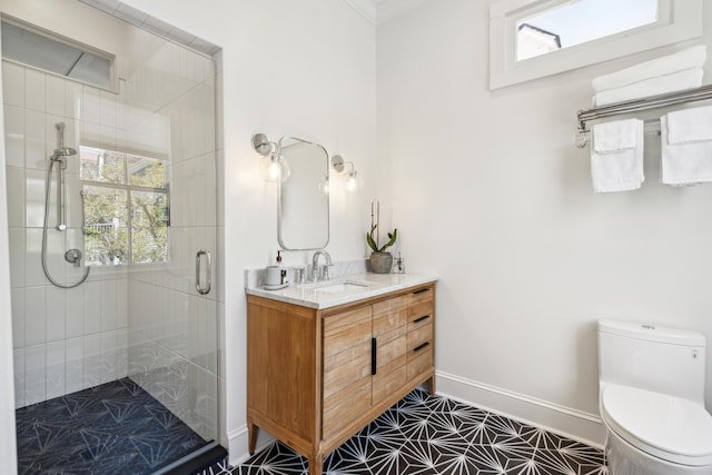 11 Franklin St, Charleston, SC 29401 - bathroom featuring baseboards, a stall shower, toilet, plenty of natural light, and crown molding