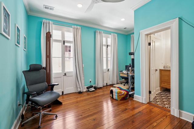 11 Franklin St, Charleston, SC 29401 - sitting room featuring an office area, crown molding, hardwood / wood-style flooring, baseboards, and a ceiling fan