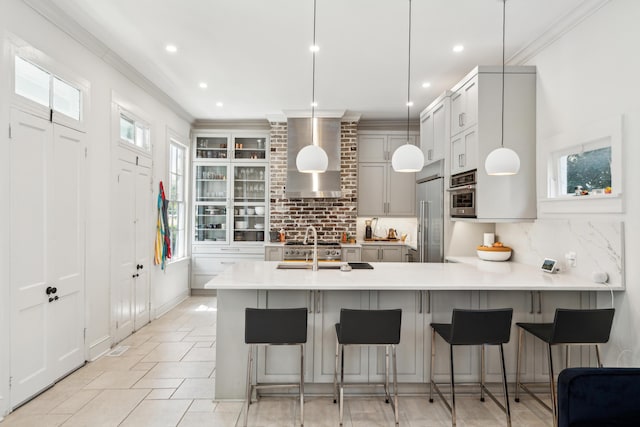 11 Franklin St, Charleston, SC 29401 - kitchen with stainless steel appliances, wall chimney range hood, backsplash, ornamental molding, and light countertops