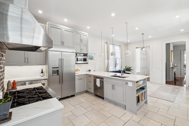 11 Franklin St, Charleston, SC 29401 - kitchen with stainless steel appliances, range hood, a peninsula, gray cabinets, and recessed lighting