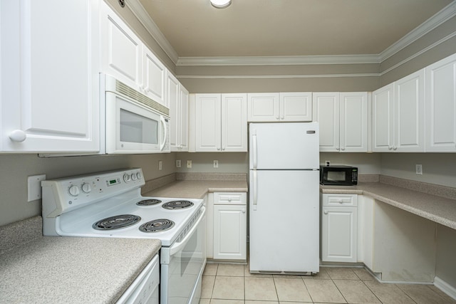 kitchen with white cabinets, white appliances, ornamental molding, and light tile patterned floors