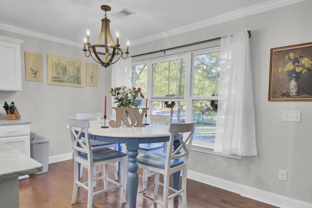 dining area featuring an inviting chandelier, plenty of natural light, dark wood-type flooring, and crown molding