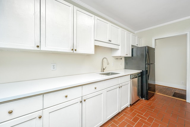 kitchen featuring light countertops, ornamental molding, white cabinetry, a sink, and dishwasher