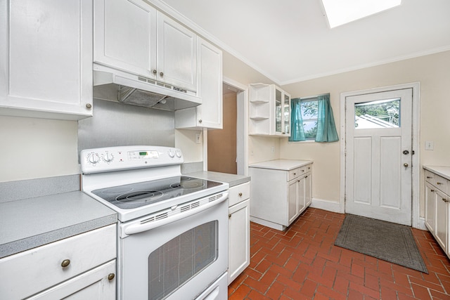 kitchen featuring light countertops, white electric range, under cabinet range hood, and open shelves