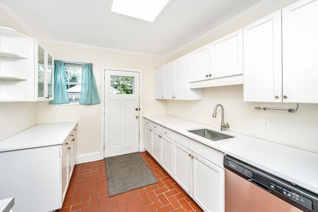 kitchen with white cabinets, light countertops, dishwasher, open shelves, and glass insert cabinets