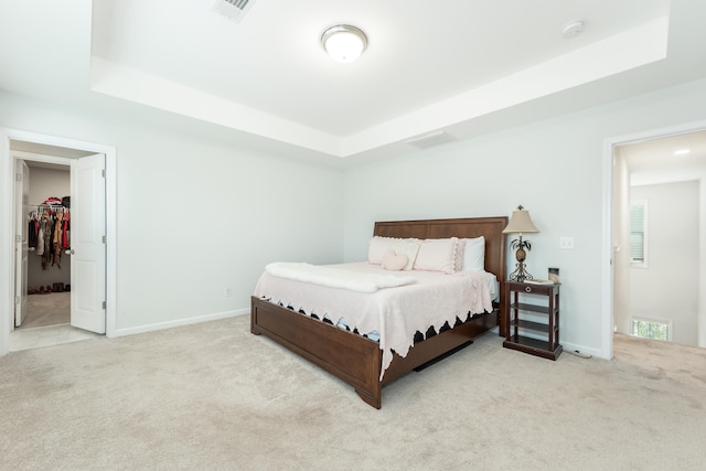 carpeted bedroom featuring a raised ceiling