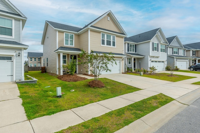 view of front of house with a front yard and a garage