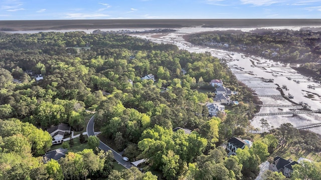 aerial view featuring a water view and a wooded view