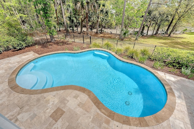 view of swimming pool featuring a fenced in pool, a patio, and a fenced backyard
