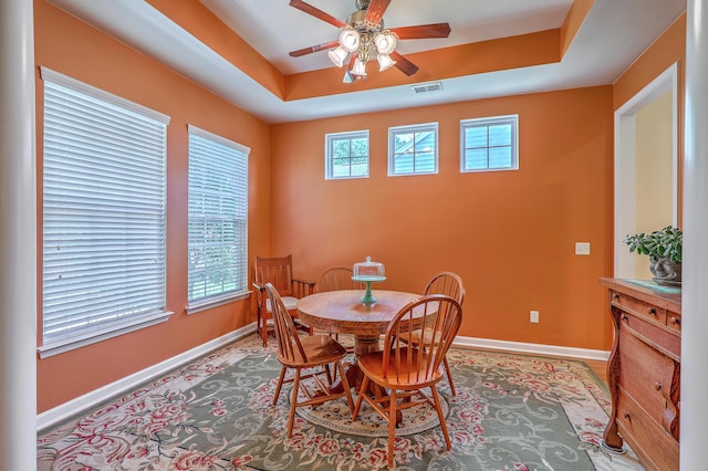405 Decatur Dr, Summerville, SC 29486 - dining space featuring baseboards, a ceiling fan, a tray ceiling, and visible vents
