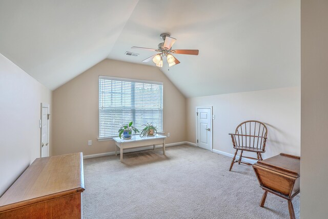 405 Decatur Dr, Summerville, SC 29486 - sitting room with light colored carpet, a ceiling fan, baseboards, lofted ceiling, and visible vents