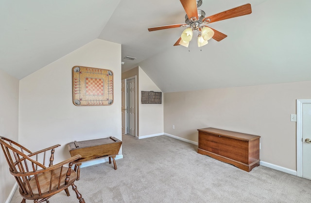405 Decatur Dr, Summerville, SC 29486 - unfurnished room featuring ceiling fan, visible vents, carpet floors, baseboards, and vaulted ceiling