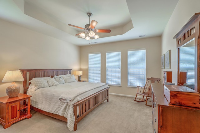 405 Decatur Dr, Summerville, SC 29486 - bedroom with light carpet, a raised ceiling, a ceiling fan, baseboards, and visible vents