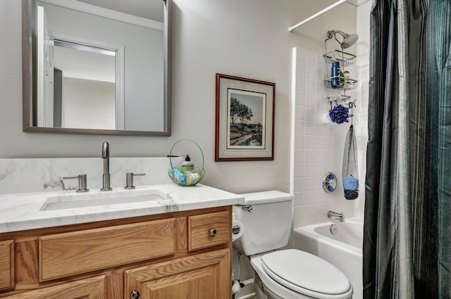 bathroom with ornamental molding, vanity, toilet, and shower / bath combo with shower curtain