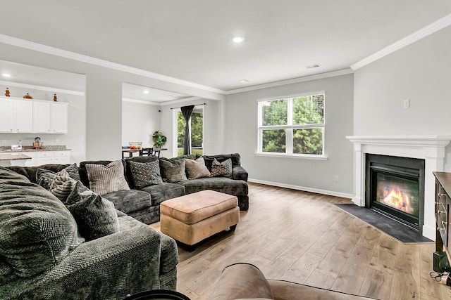 living room with light hardwood / wood-style floors and ornamental molding