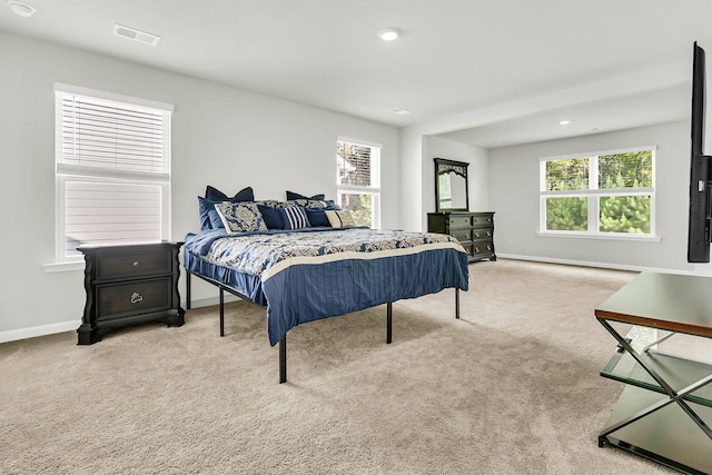 bedroom featuring multiple windows and light colored carpet