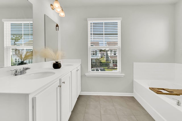 bathroom featuring tile patterned flooring, vanity, and a bathtub