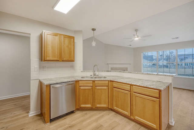 kitchen with light wood-type flooring, visible vents, a sink, and stainless steel dishwasher