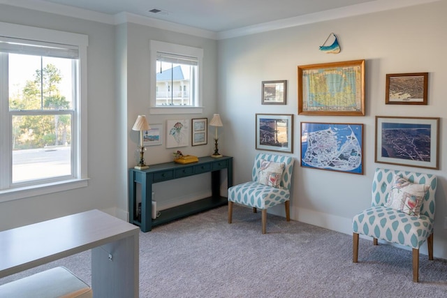 living area featuring a healthy amount of sunlight, ornamental molding, and light carpet